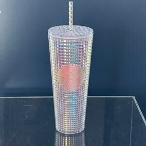Starbucks Studded Tumbler 24oz Iridescent Grid Cold Cup w Straw